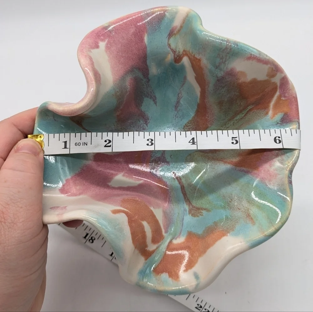 Handthrown Pink Blue Orange Ceramic Abstract Ruffle Edge Dish